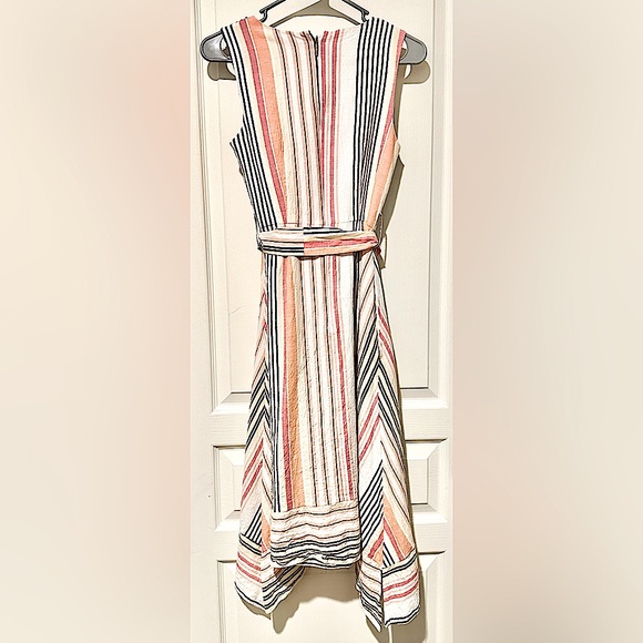 Karl Lagerfeld Paris Sleeveless Striped Asymmetric Handkerchief Midi Dress - Picture 6 of 12